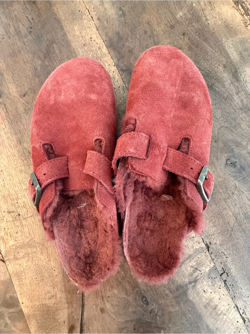 Birkenstock Women's Suede Shearling Clogs in Rust